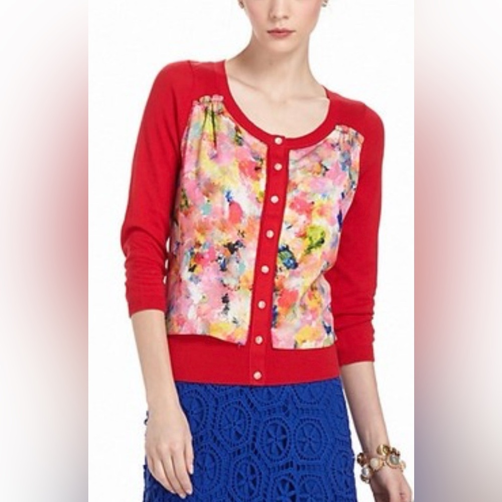 Anthropologie, HWR, Red Cardigan with Vibrant Multicolor Watercolor Floral Front